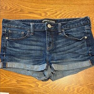 Express Women's Cuffed Blue Denim Shorts (size 8)